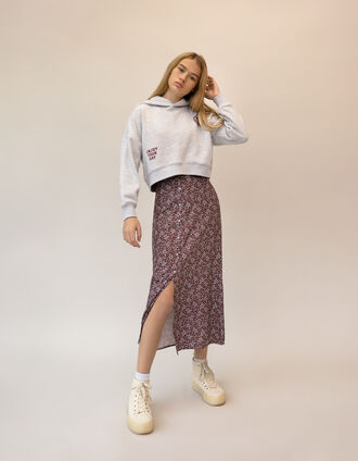 Girls' burgundy micro floral print long skirt