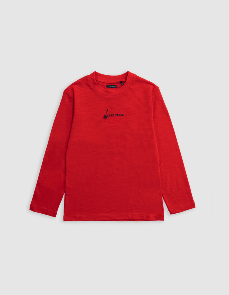 Boy's red organic cotton T-shirt with embroidery and face-2