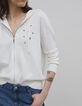 Woman's white zipped cardigan with Intarsia message back-4