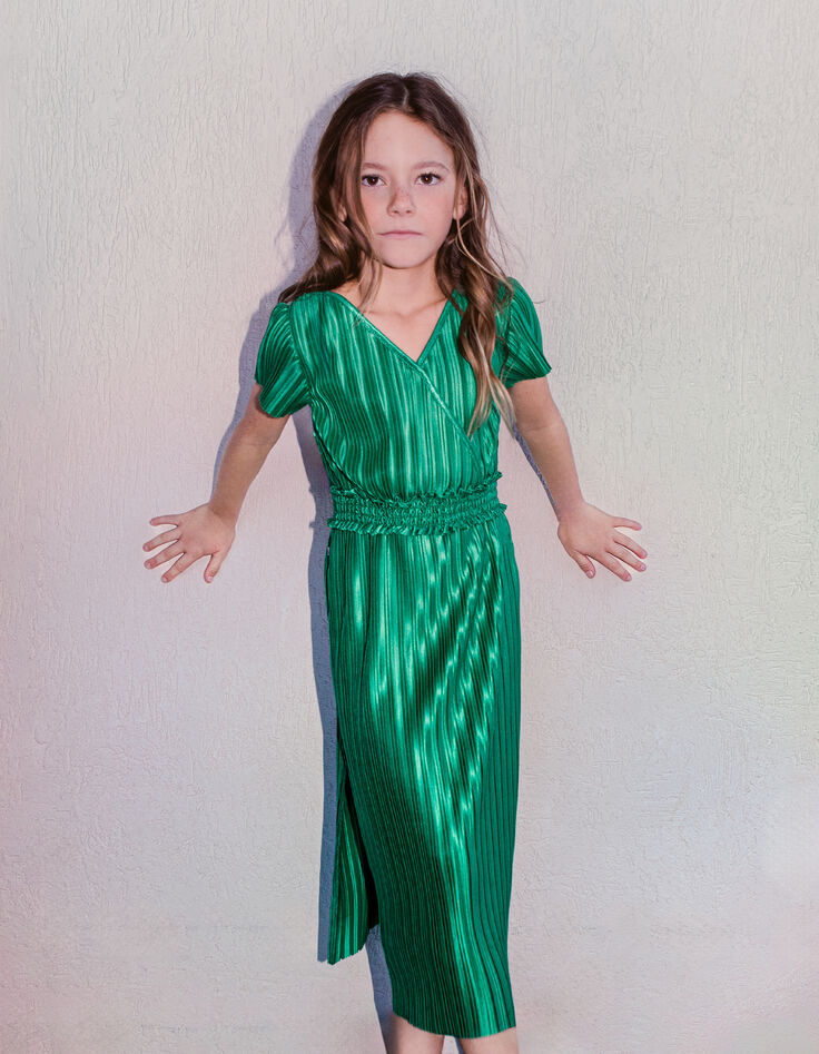 Robe longue verte plissée fille-1