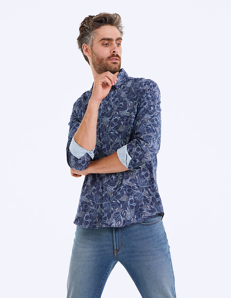 Men’s slim indigo dotted print shirt-1