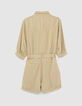 Korte beige jumpsuit tencel ceintuur en zakken dames-4