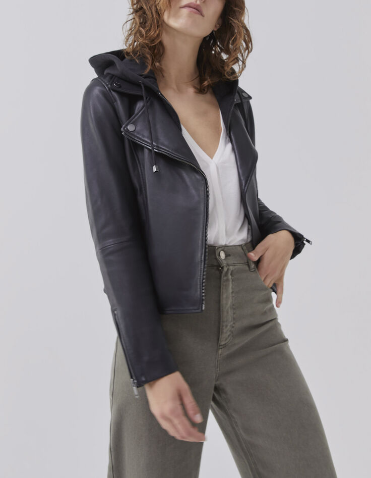 Veste en cuir noir clouté dos parmenture amovible Femme-2