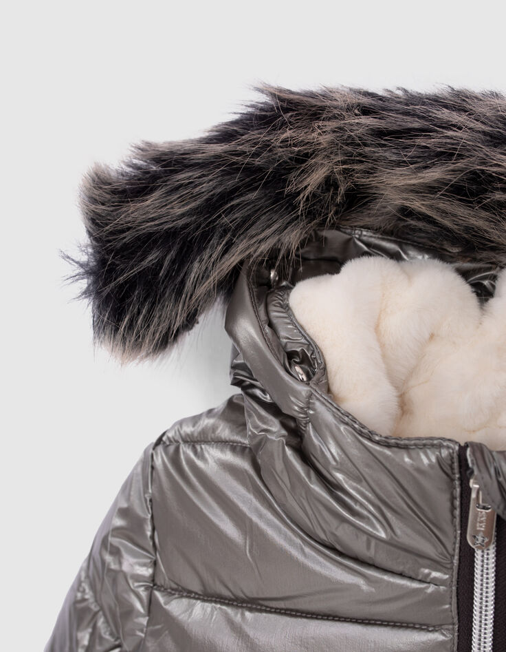 Girls’ dark silver fur-lined hooded long padded jacket-6