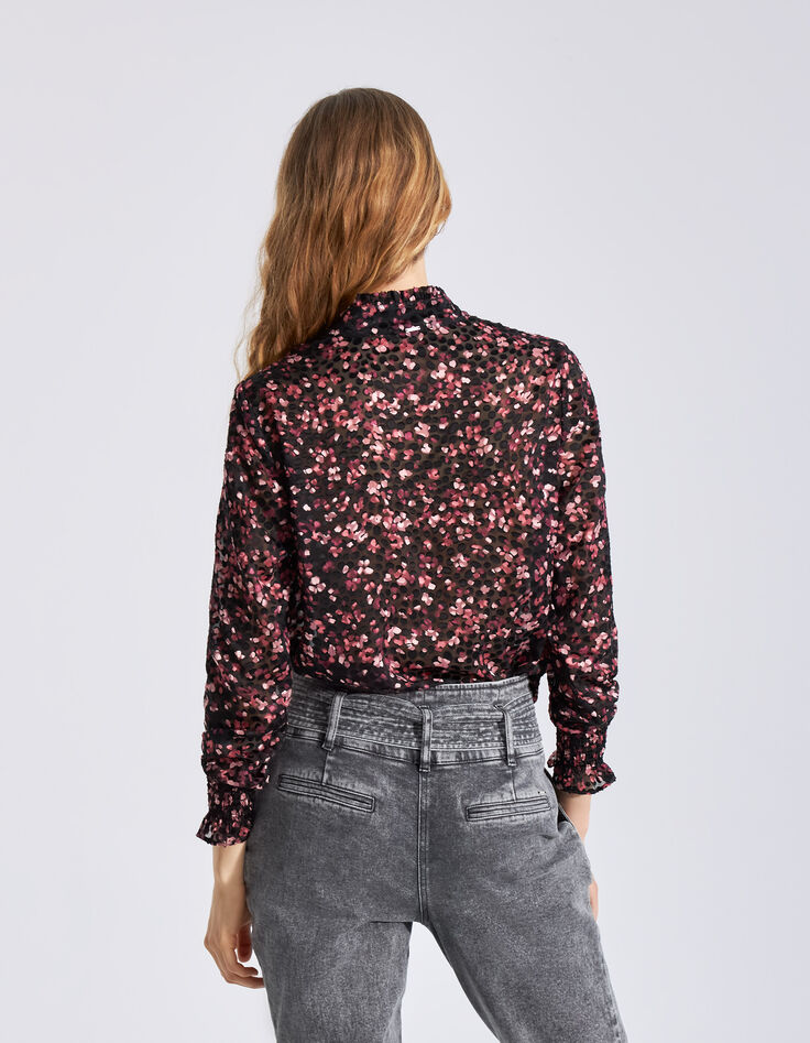 Women’s black sheer blouse with pink velvet print-3