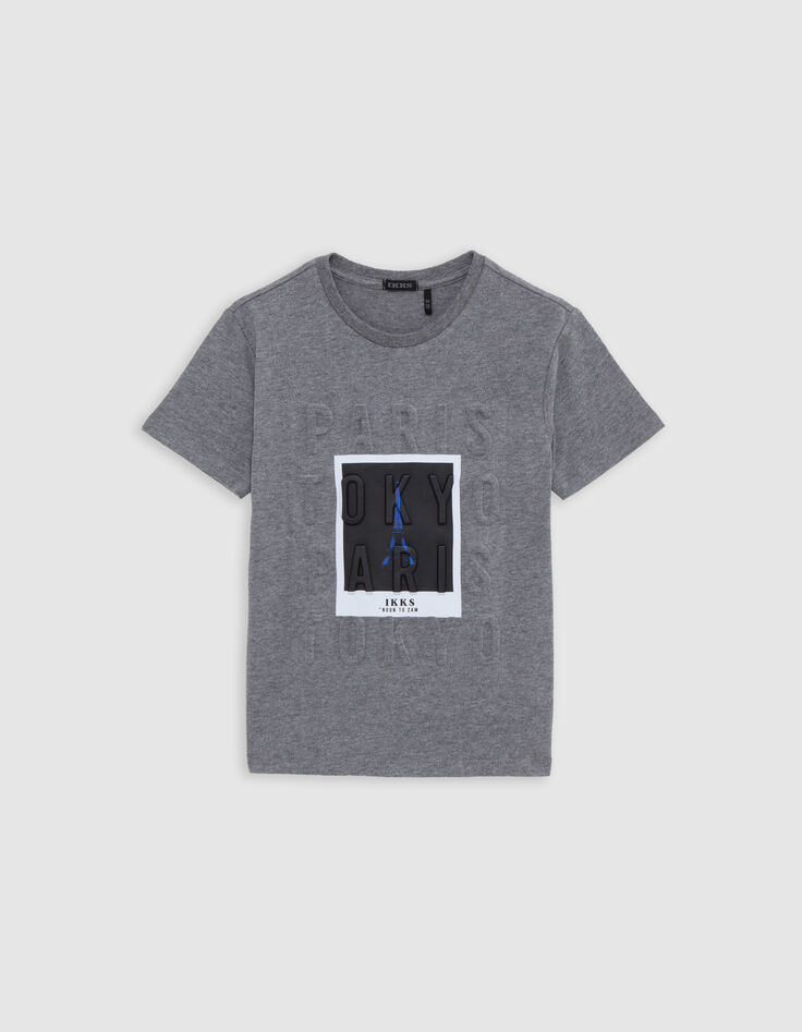 Grey boy's embossed message T-shirt with Polaroid effect-1