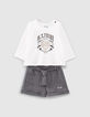 Baby girls’ ecru T-shirt and grey shorts outfit-3