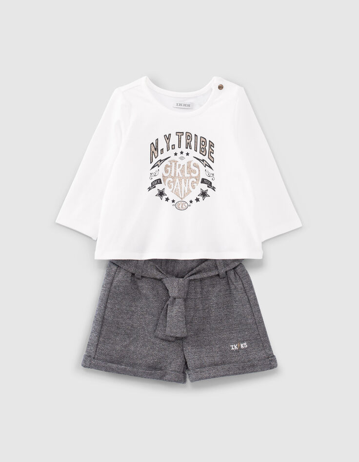 Baby girls’ ecru T-shirt and grey shorts outfit-3