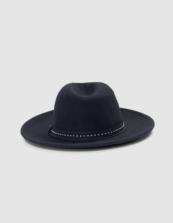 Chapeau noir laine feutrée décor galon clous Femme-4