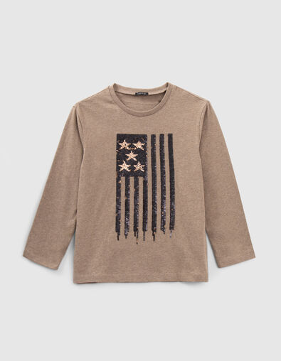 Boys’ mocha reversible sequin flag organic cotton T-shirt - IKKS