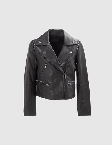 Veste en cuir noir cloutée esprit motard Femme - IKKS