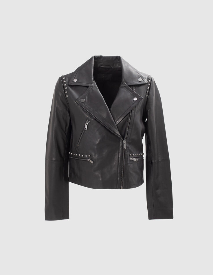 Veste en cuir noir cloutée esprit motard Femme-1