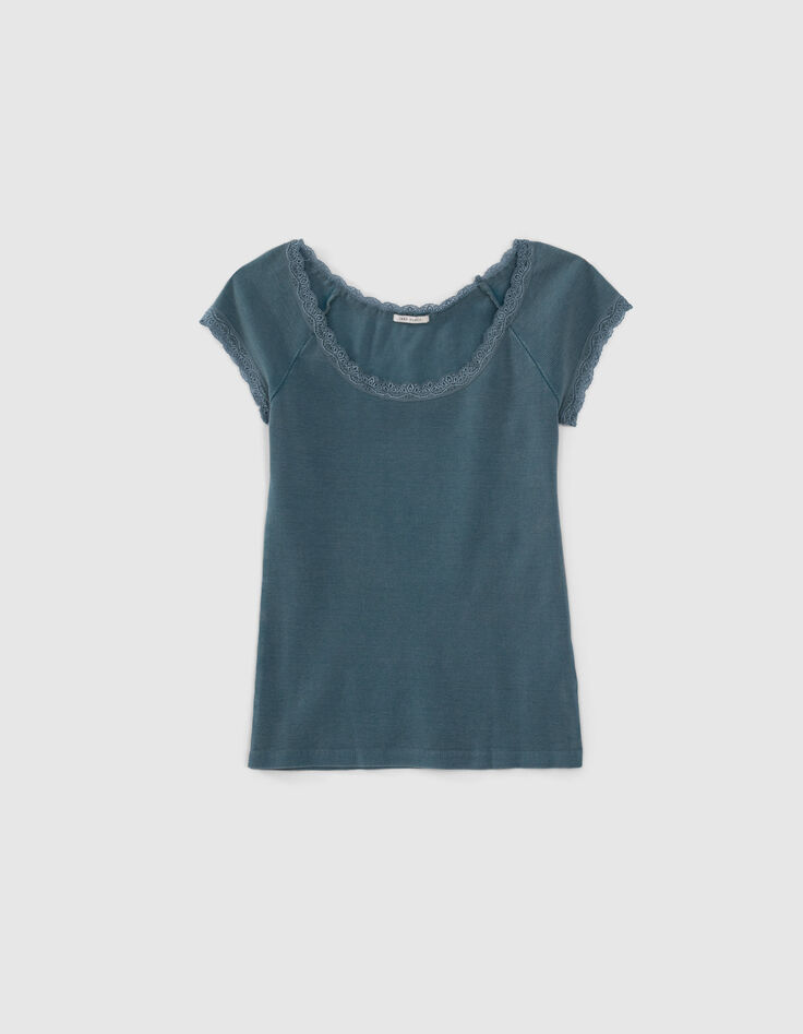 Women’s blue lace-edged ribbed T-shirt-1
