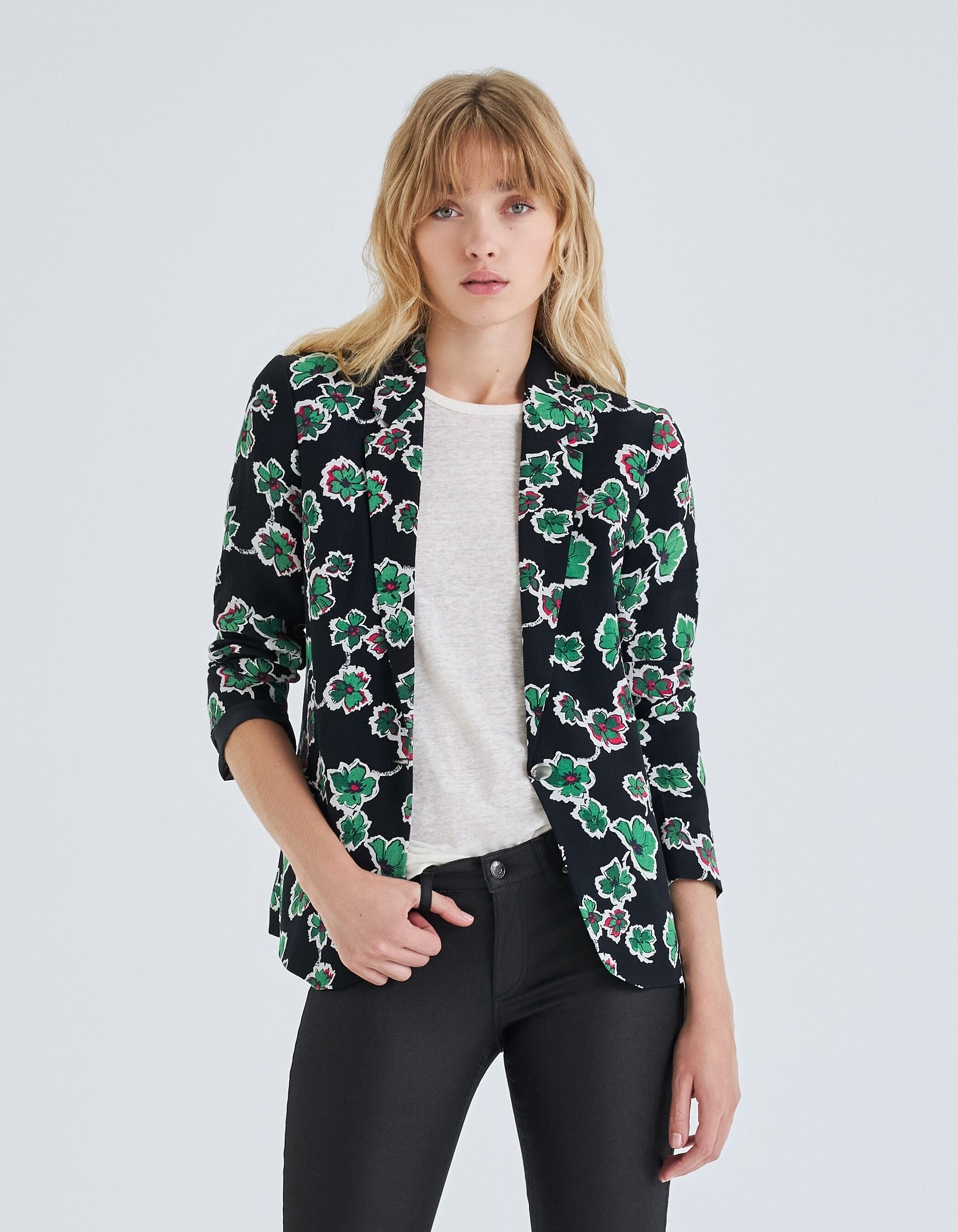 Women's black suit jacket with green flowers print