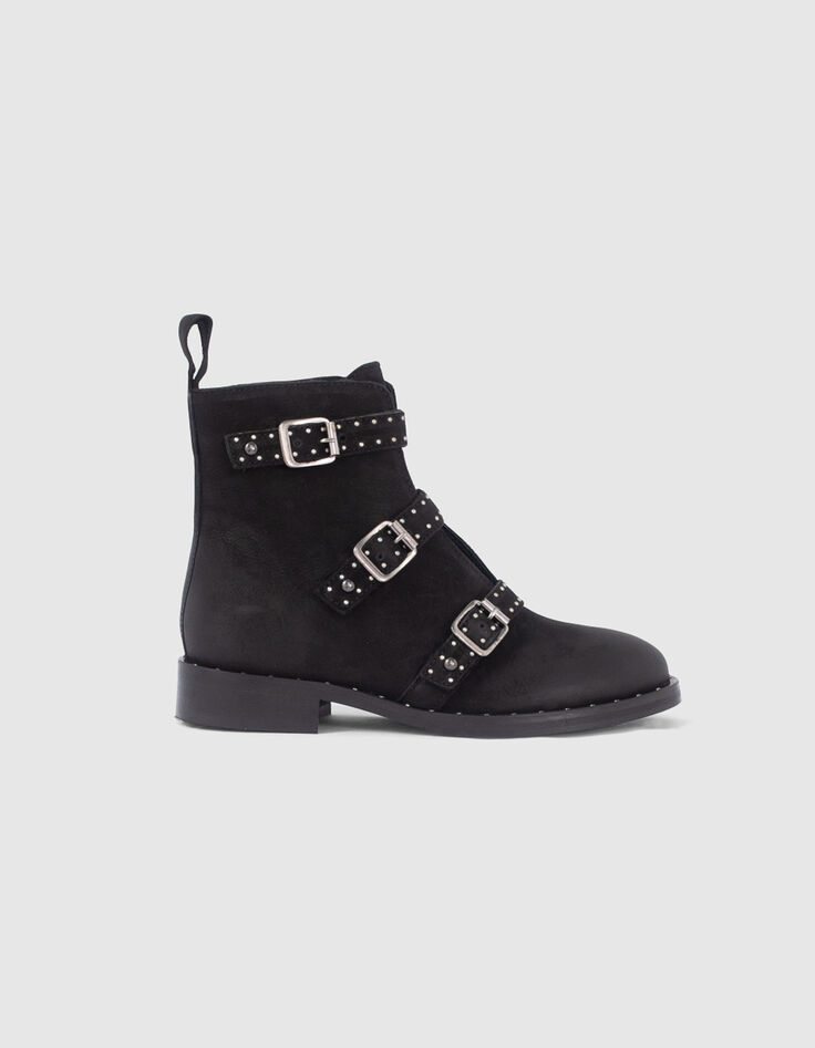 Girls’ black buckle and studs leather combat boots-1