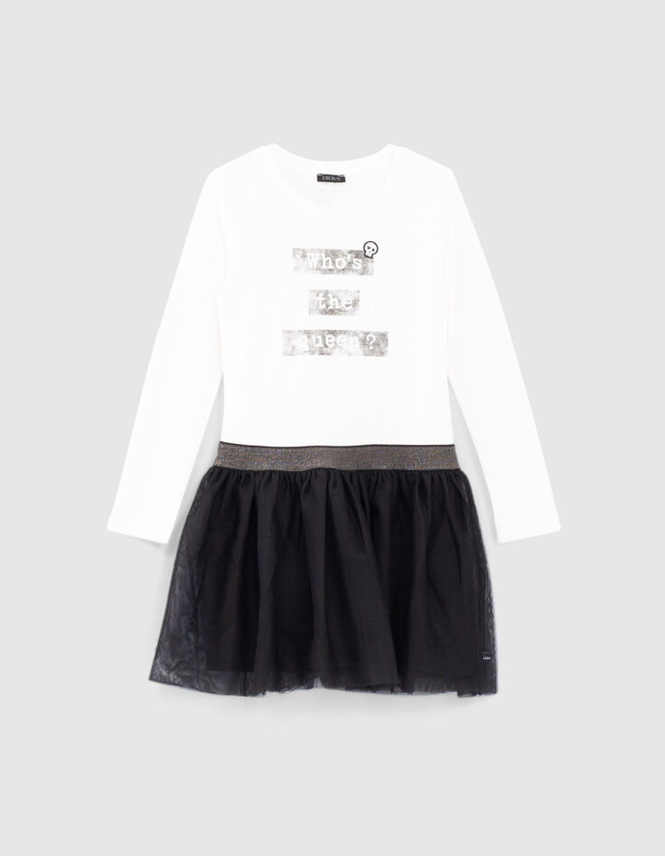 Robe blanc cassé bi matière avec tutu noir fille-1