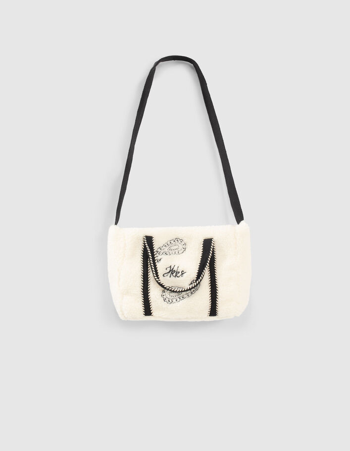 Girls' ecru embroidered sherpa bag