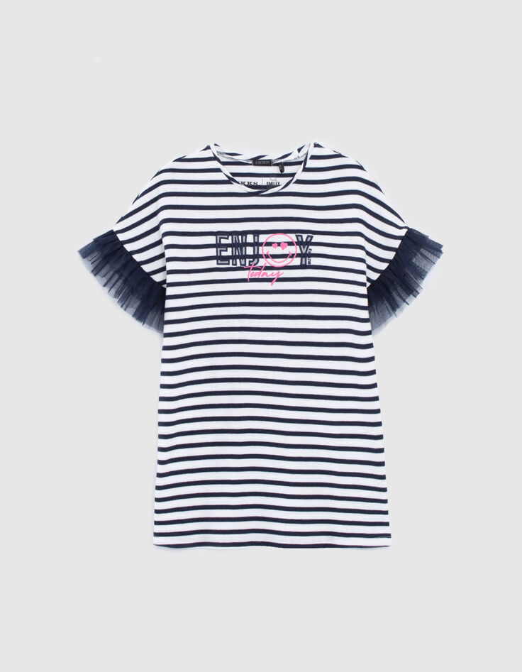 Girls’ sailor-stripe cotton dress, SMILEYWORLD tulle sleeves-2