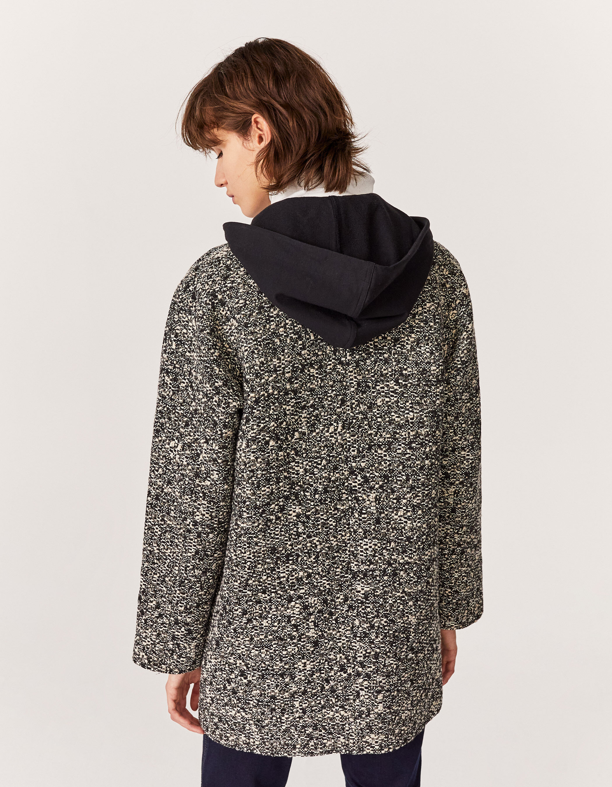 Women's wool cotton blend mid-length coat + removable hood