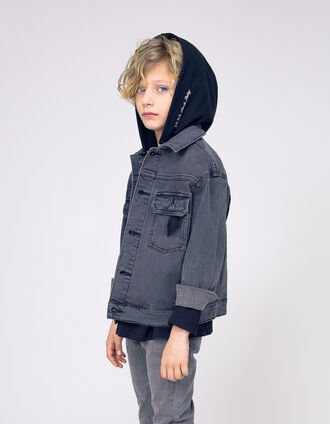 Boy's washed gray denim jacket with removable hood