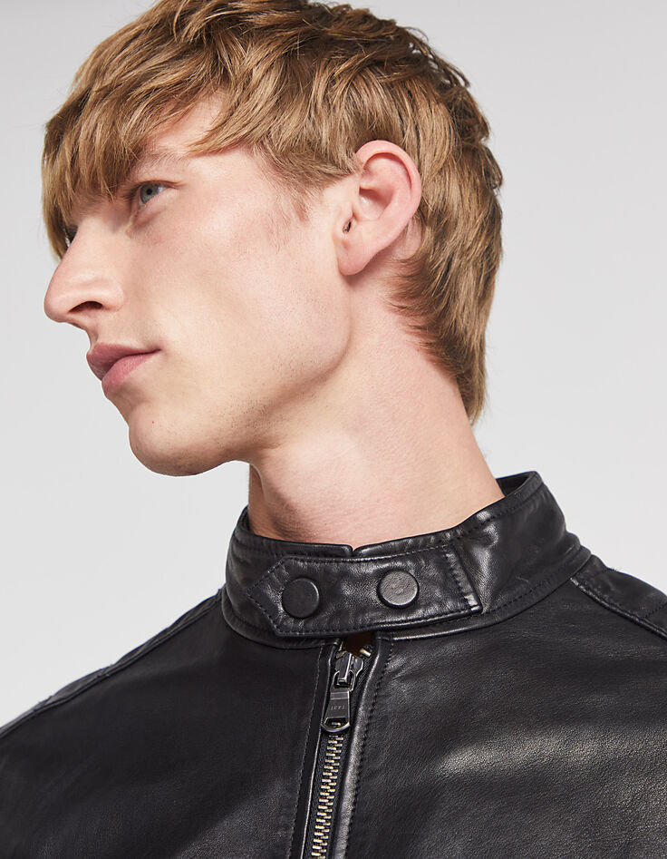 Men’s black biker-style double-pocket leather jacket-4