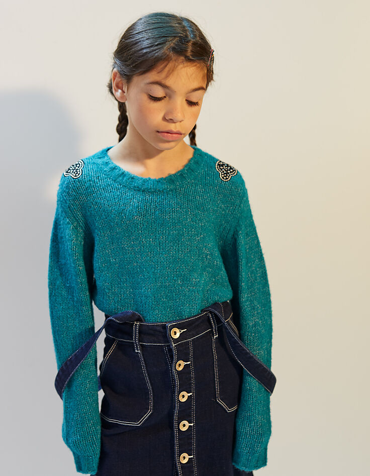 Girls’ teal blue embroidered shoulder patch knit sweater-2