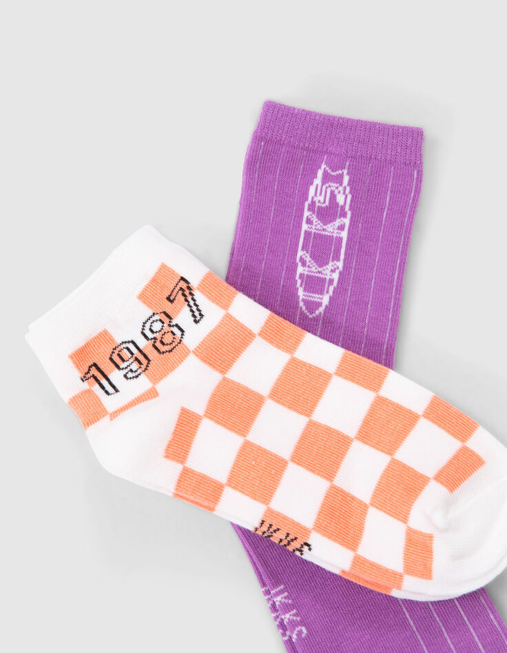 Boys’ orange checkerboard and purple socks-4