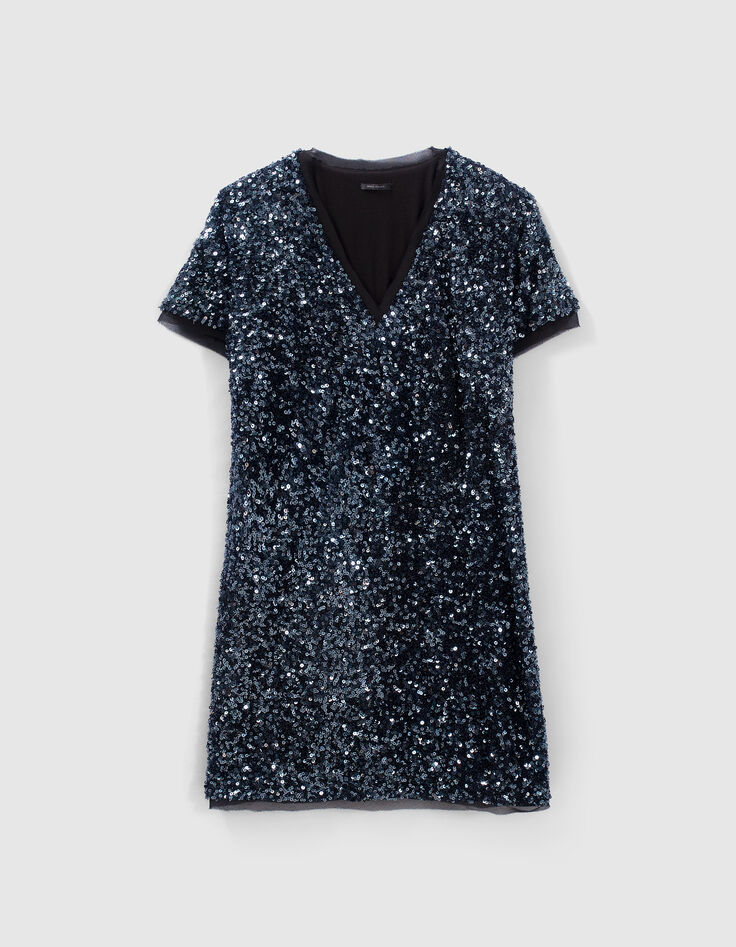 Robe bleue brodée sequins réversible Femme-7