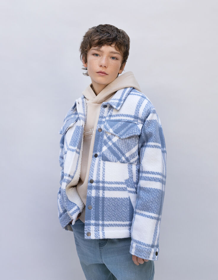 Boy's blue wool plaid jacket with lining-1