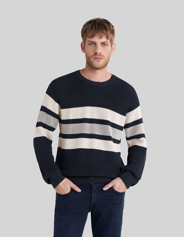 Men’s navy knit sweater with ecru stripes-2