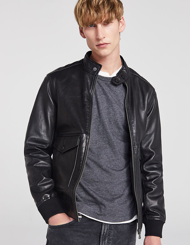 Men’s black biker-style double-pocket leather jacket-6