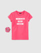 Fuchsia T-shirt biokatoen met tekst met scrunchie meisjes-1