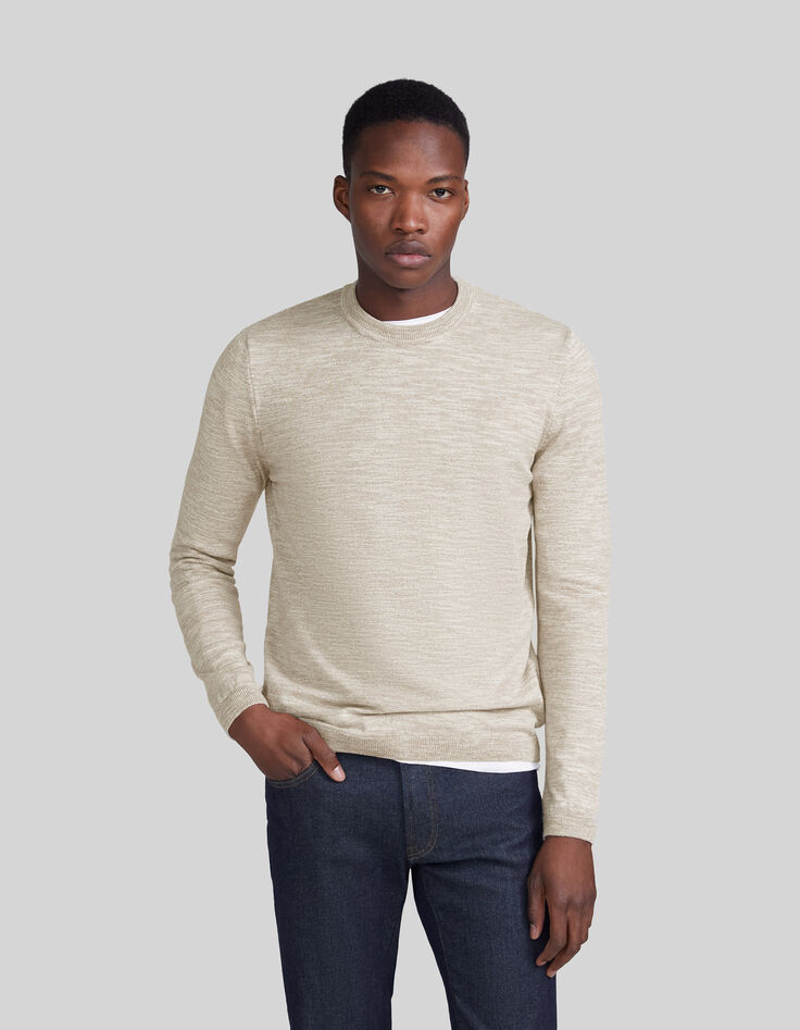 Men's beige mouliné knit round neck sweater-1