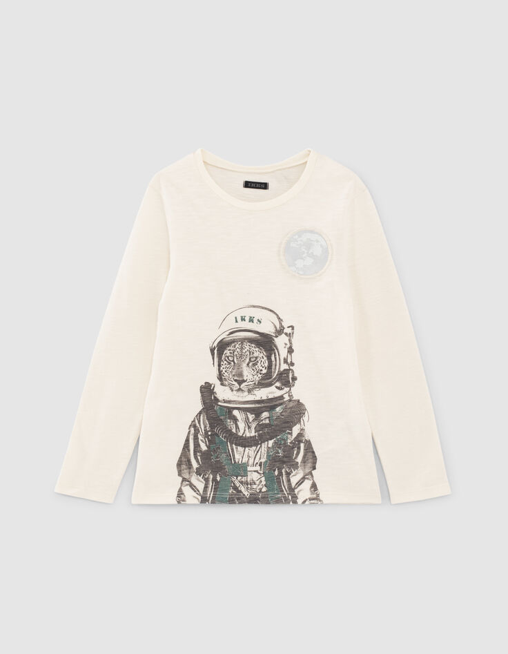 Cremeweißes Jungenshirt mit Astronauten-Leopard -1