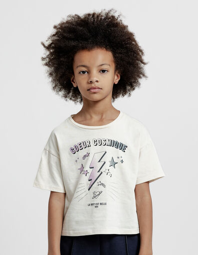 Girl’s ecru organic cotton stars and lightning T-shirt - IKKS