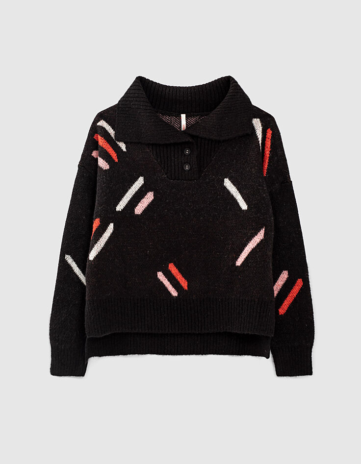 I.Code black graphic jacquard zip-neck sweater-1