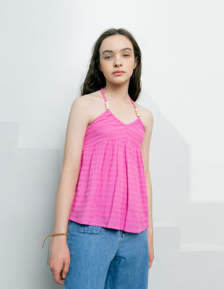 Girls’ pink backless top with bead decor-1