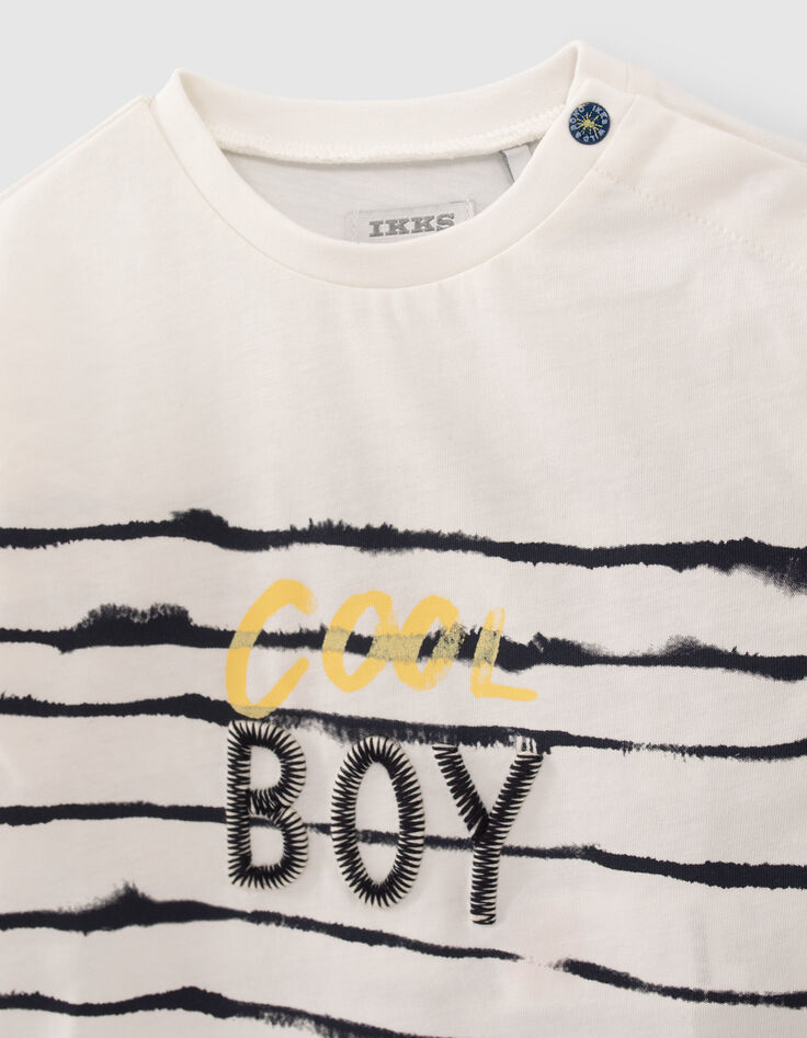 T-shirt blanc rayé marine à message bébé garçon-3