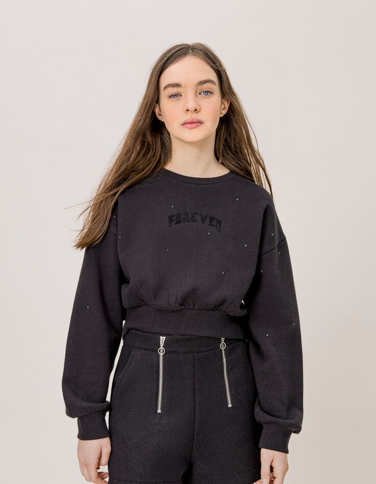 Schwarzes Sweatshirt, Flock-Botschaft, Nietendeko, Mädchen-1