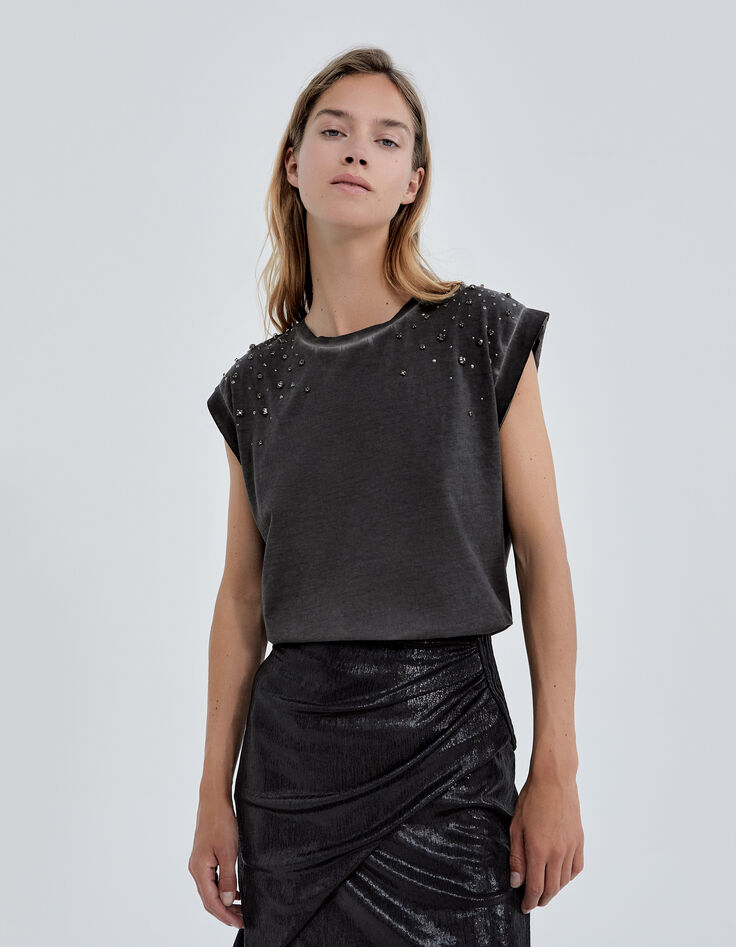 Tee-shirt noir ave clous et strass Femme-1