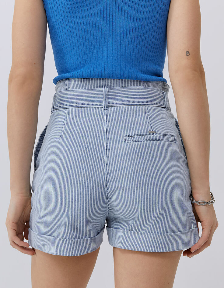 Women’s blue belted shorts with thin white stripes-3