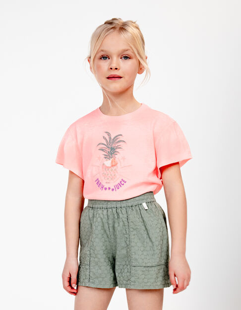 T-shirt rose fluo visuel ananas brodé fille - IKKS