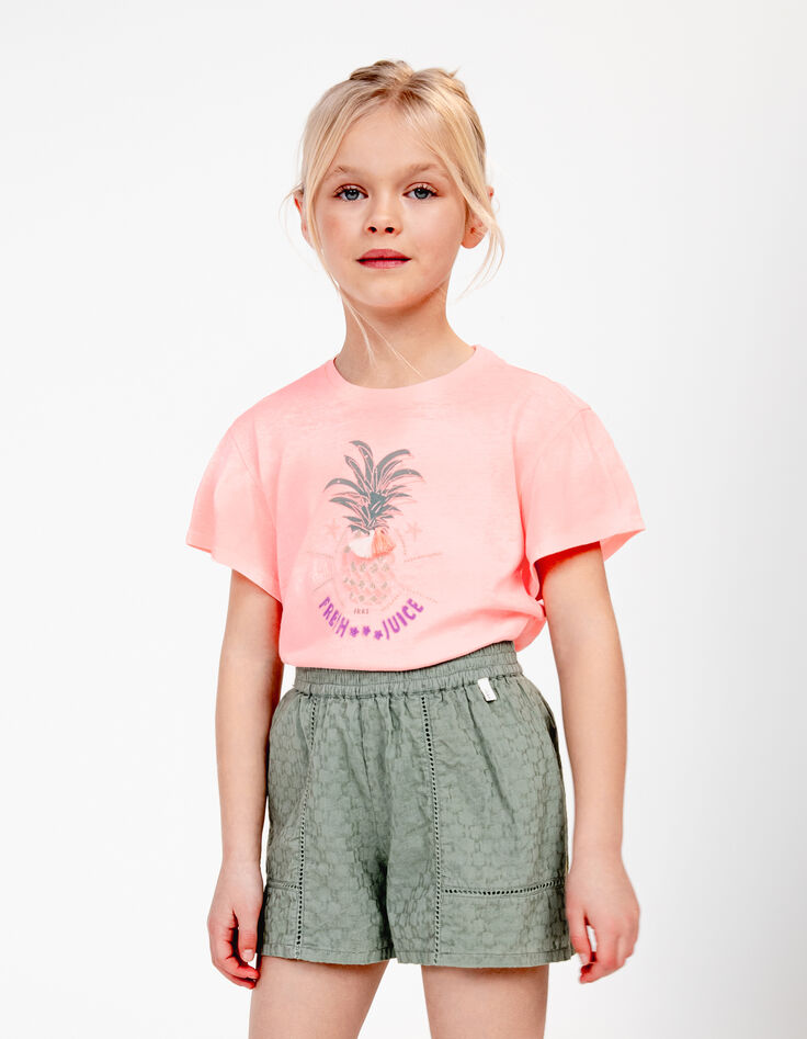 Camiseta rosa fluo piña bordada niña-1