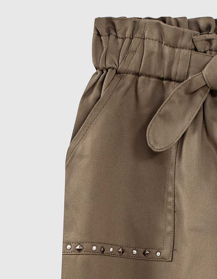 Girls’ khaki flowing 7/8 paperbag trousers-4