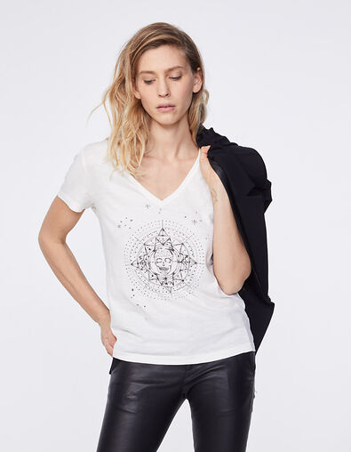 Tee-shirt col V blanc cassé en coton flammé visuel imprimé - IKKS