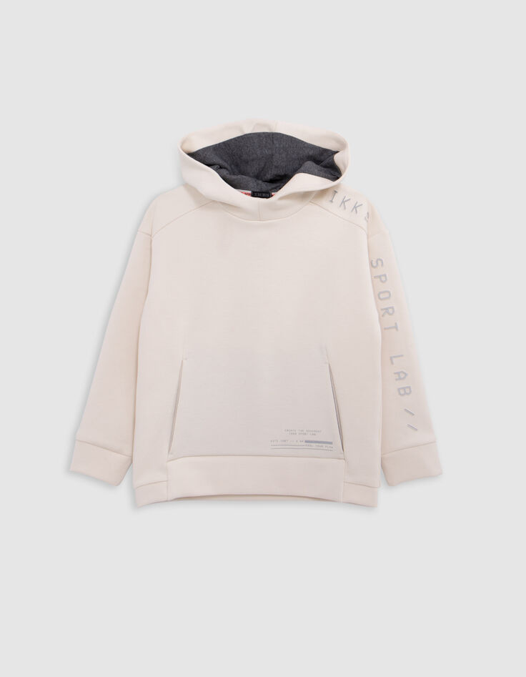 Boy's ecru hoodie, reflective sleeves, embossed slogan-2