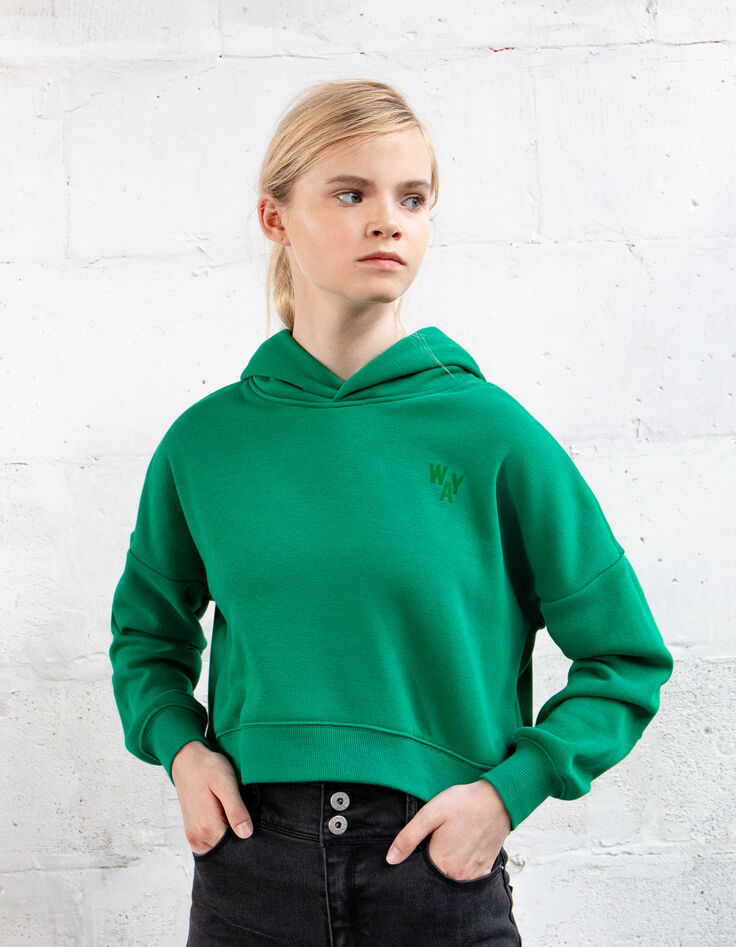 Sudadera verde cropped flocado espalda niña-8