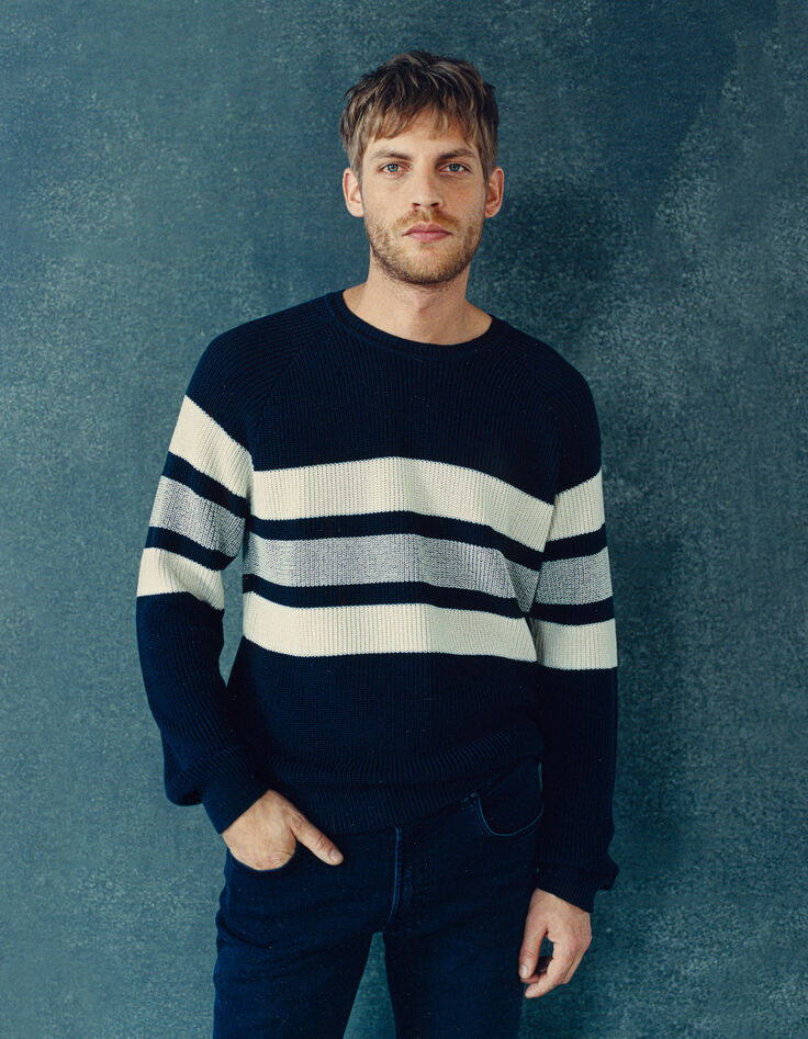 Men’s navy knit sweater with ecru stripes-1