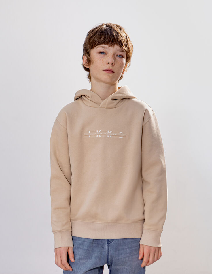 Sudadera con capucha beige de niño con mensajes en relieve-1