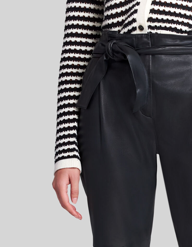 Women's black lambskin leather high-waist trousers-4